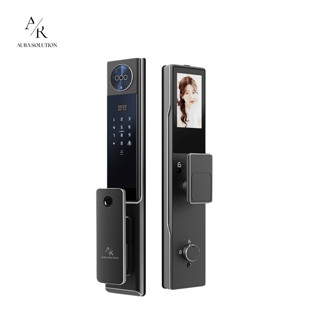 AURA ELITE E2 smart lock with ultra-sleek CNC stainless steel design, featuring FaceSense 2.0 3D facial recognition and real-time CCTV, installed on a modern Malaysian home door. AURA ELITE E2 smart lock with ultra-sleek CNC stainless steel design, featuring FaceSense 2.0 3D facial recognition and real-time CCTV, installed on a modern Malaysian home door.
